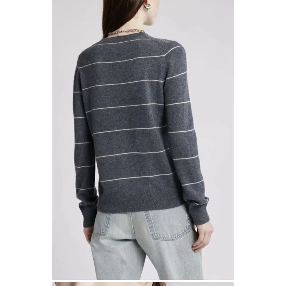 New Nordstrom Women Crewneck Cashmere Sweater In Grey- Beige Stripe Sz Large